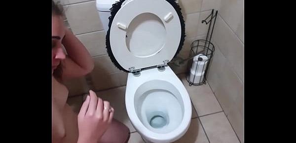  Pigtailed teen sucks dick after being pissed on and licking the toilet clean | face spitting and slapping